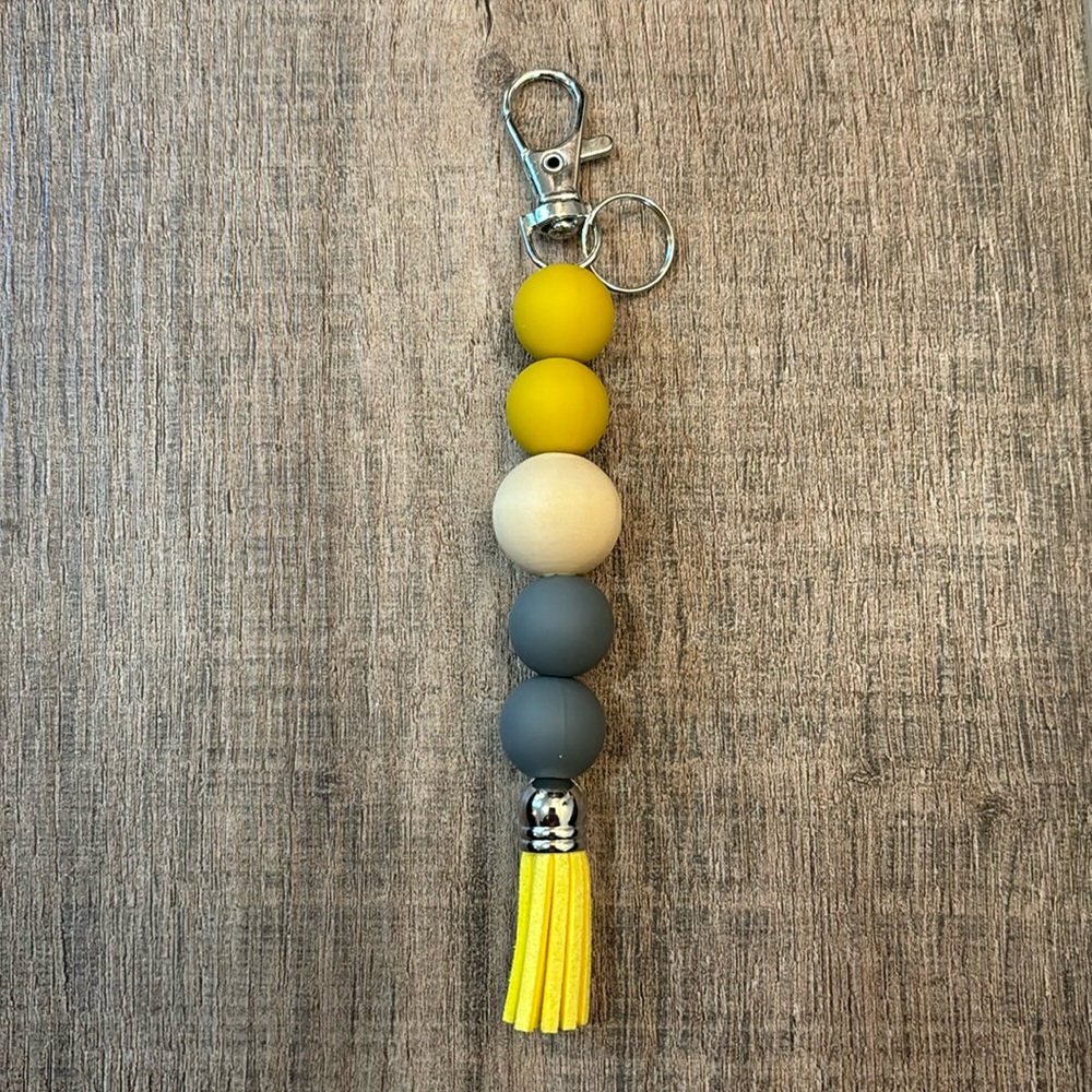 Handmade Silicone Beaded Keychain w Tassel &Lobster Claw Luggage Tag yellow&gray